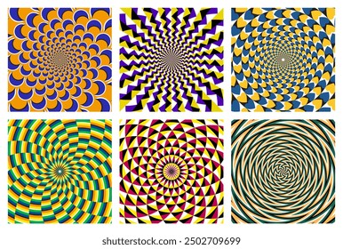 Vector set of colorful circular patterns. Eye-catching backgrounds with optical illusion as if they are moving.