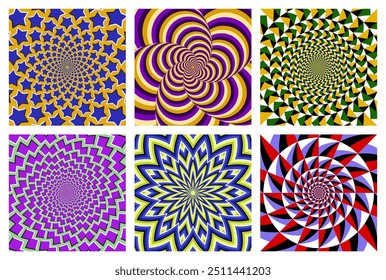 Vector set of colorful circular patterns. Eye-catching backgrounds with optical effect of moving.