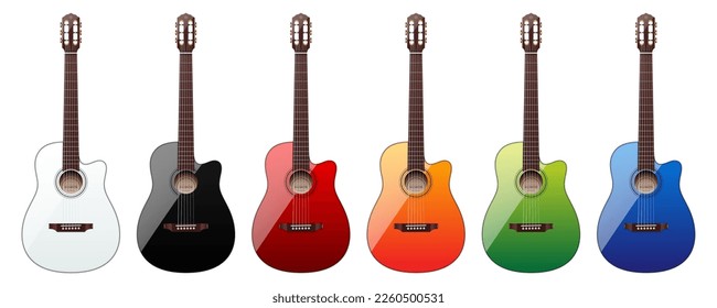 Conjunto vectorial de guitarras acústicas clásicas coloridas, aisladas en un fondo blanco.