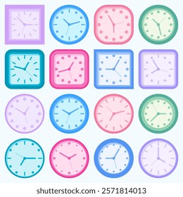 A vector set of colorful clocks with various shapes and minimalist designs. Perfect for time-related projects, apps, education, or creative visuals