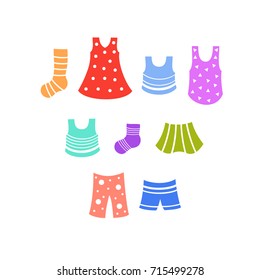 Vector set of colorful clothes with white ornaments. Cute bright dresses, trousers, socks and skirts on a white background. Summer illustration.