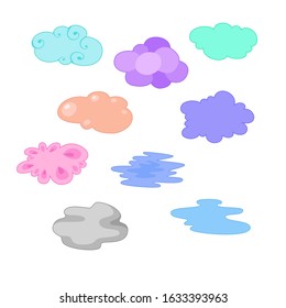 Vector set of colorful clouds on a white background. Cartoon sky elements. Cute pink, violet and blue stickers