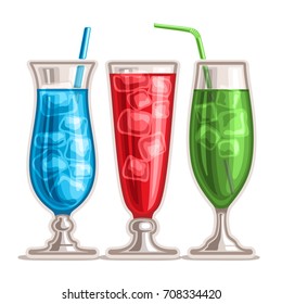 Vector set of colorful Cocktails: 3 tall glasses with alcohol cocktail blue hawaiian, drink strawberry mojito, fresh green mint mocktail with ice cubes, cold cocktail blue lagoon with curacao liquor.