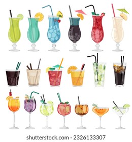 Vector set of colorful cocktails with fruits, ice cubes and straws on a white background in a flat style. Suitable for menu design, food stickers, scrapbooking.