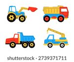 Vector set of colorful construction toy trucks for kids. Cartoon illustrations of an excavator, dump truck, and crane in a flat design style. Isolated icons for nursery decor and children education
