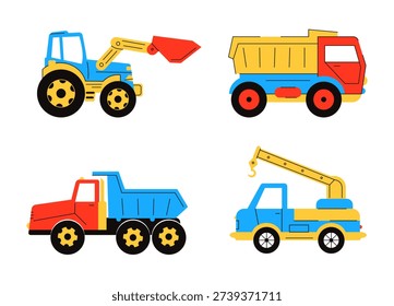 Vector set of colorful construction toy trucks for kids. Cartoon illustrations of an excavator, dump truck, and crane in a flat design style. Isolated icons for nursery decor and children education