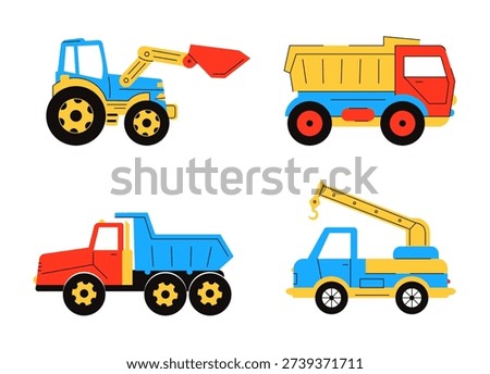 Vector set of colorful construction toy trucks for kids. Cartoon illustrations of an excavator, dump truck, and crane in a flat design style. Isolated icons for nursery decor and children education