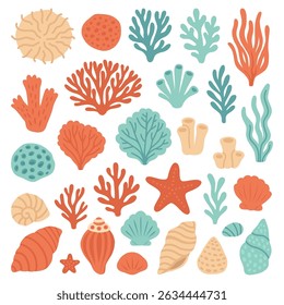 Conjunto vetorial de corais coloridos, conchas marinhas e estrelas-do-mar em estilo de desenho animado plano. Ideal para temas oceânicos, projetos de biologia marinha, materiais educacionais e ilustrações subaquáticas para crianças