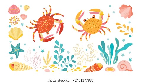 Vector set with colorful crabs, shells and starfish on a white background. Suitable for baby prints, baby decor, wallpaper, wrapping paper, stationery, scrapbooking, etc.