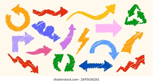 Vector set of colorful crayon arrows. Hand-drawn textured icons for infographic design, school projects, kids decor, posters, and educational materials
