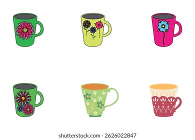 A vector set of colorful cups, including options for coffee, tea, and cappuccino, are perfect icons for any cafe or kitchen design