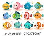 Vector set of colorful cute funny fishes. Undersea world. Aquarium. Oceanic and sea bright colorful fish