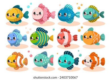 Vector set of colorful cute funny fishes. Undersea world. Aquarium. Oceanic and sea bright colorful fish