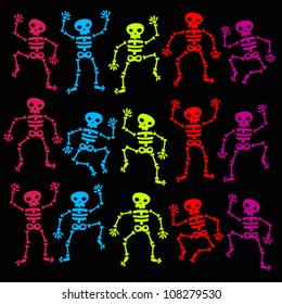 Vector set of colorful dancing skeletons.