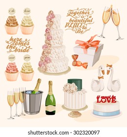 Vector Set of colorful decorated layer wedding cakes, gift, champagne, swans and cupcakes