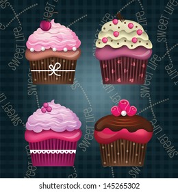 Vector set of colorful delicious cupcakes with beautiful decorations