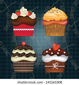 Vector set of colorful delicious cupcakes with beautiful decorations