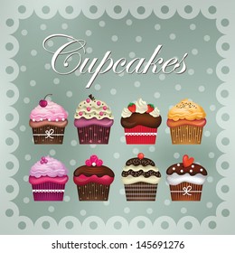 Vector set of colorful delicious cupcakes with beautiful decorations