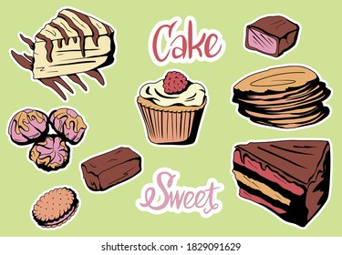 Vector set.Set of colorful delicious slices of cakes, slices of pies and other baking desserts
