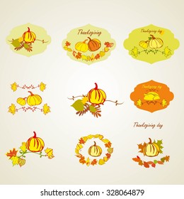Vector set colorful design elements for autumn, fall and Thanksgiving. Thanksgiving design elements-Vector illustration.