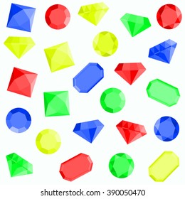 Vector set of colorful diamonds.  The collection includes round gemstones, square adamant, emerald.