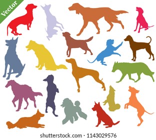 Vector set of colorful different breeds dogs silhouettes in motion- sitting, standing, lying, walking in profile isolated on white background.