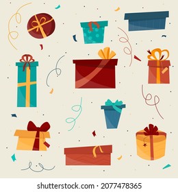 Conjunto vectorial de cajas de regalo coloridas y diferentes con arcos y cintas. 