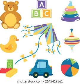 Vector set of colorful different kids toys	
