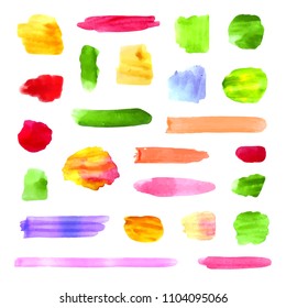 Vector Set of Colorful Different Watercolor Spots and Brush Strokes, Bright Colors.