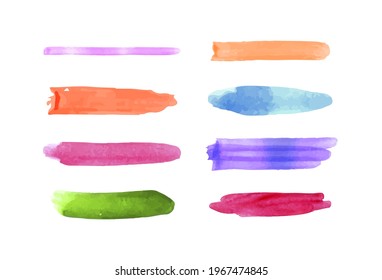 Vector Set of Colorful Different Watercolor Strokes, Lines and Brush Strokes, Bright Colors.