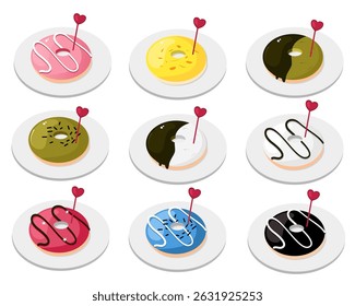 Conjunto vetorial de rosquinhas coloridas com esmalte e polvilhos em estilo de desenho animado plano