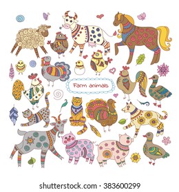 Vector set of colorful doodle farm animals