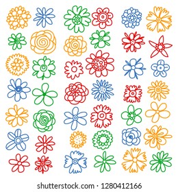 Vector set of colorful doodle flowers. Wedding ornament.