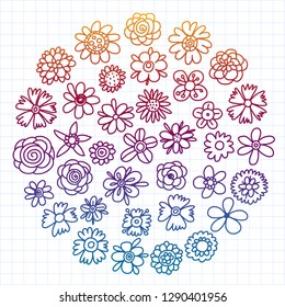 Vector set of colorful doodle flowers. Wedding ornament.