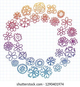 Vector set of colorful doodle flowers. Wedding ornament.
