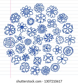 Vector set of colorful doodle flowers. Wedding ornament.