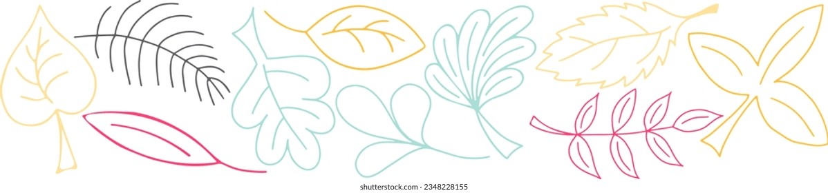Vector Set of Colorful Doodle Leaves. Hand Drawn Leaves Collection Isolated on White Background. Leaf for Coloring Book, Coloring Page or Coloring Sheet.