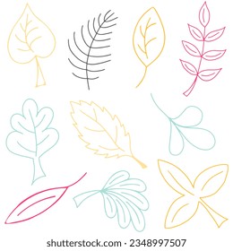 Vector Set of Colorful Doodle Leaves. Hand Drawn Leaves Collection Isolated on White Background. Leaf for Coloring Book, Coloring Page or Coloring Sheet.