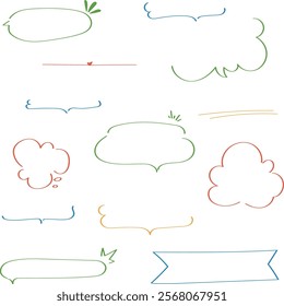 Vector set of colorful doodle style frame and cute bubble handwriting japan speech