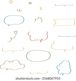 Vector set of colorful doodle style frame and cute bubble handwriting japan speech