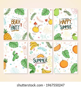 Vector set of colorful doodle summer cards. Beautiful summer posters with pineapple, orange fruit, banana, cactus, banana leaves and hand written text.