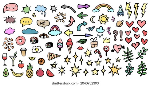 Vector set of colorful doodles: bubbles, food, fruits, hearts, stars, arrows, branches. Hand drawn elements, isolated on white background.