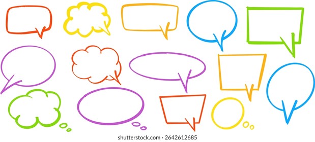 Vector set of colorful doodle-style speech and thought bubbles. Hand-drawn comic elements for note-taking, presentations, infographics, or social media designs