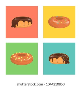 Vector set of colorful doughnuts. Colored donuts on blue, green, yellow, pink background. Bright and cheerful illustration in colorful blocks.