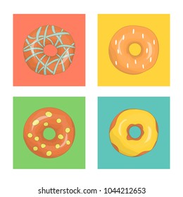 Vector set of colorful doughnuts. Colored donuts on blue, green, yellow, pink background. Bright and cheerful illustration in colorful blocks.