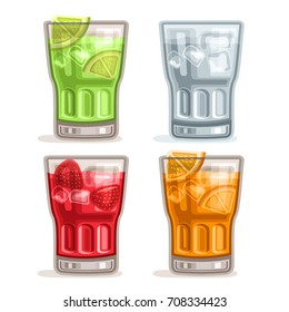 Vector set colorful Drinks: 4 glasses with green alcohol cocktail mojito, clear tonic water with ice cubes, red mocktail strawberry daiquiri, fresh orange juice with fruit slices on white for bar menu