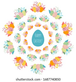 Vector set of colorful Easter eggs and floral spring wreaths isolated on white background. Design elements for holiday greeting cards.