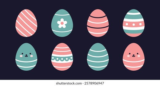 Vector set of colorful easter eggs with ornate patterns. A cute collection of festive easter elements for spring holiday designs. Funny easter eggs.