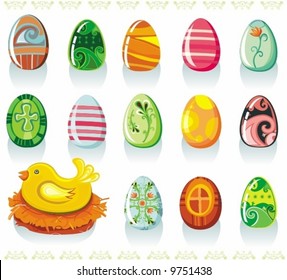 Vector set of colorful Easter eggs and cute chicken in the nest. 
To see similar, please VISIT MY GALLERY.
