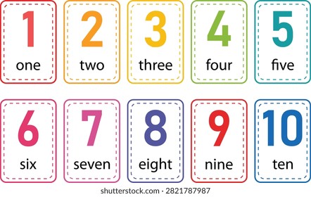 Vector set of colorful educational flashcards featuring numbers from 1 to 10 with written English words. Perfect for toddler learning, preschool activity cards, primary school teaching materials, printable math worksheets, and nursery design.